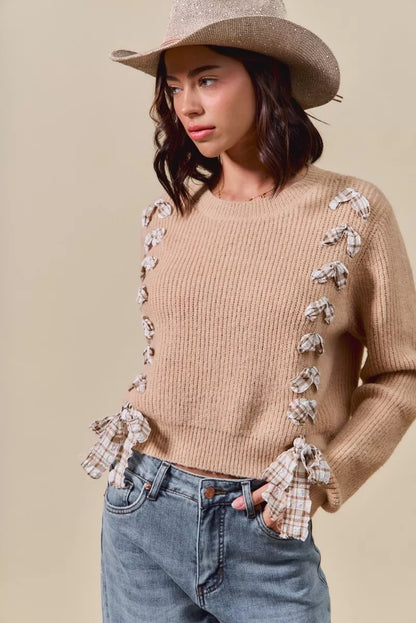 Checkered Plaid Tape Lace Up Ribbed Sweater