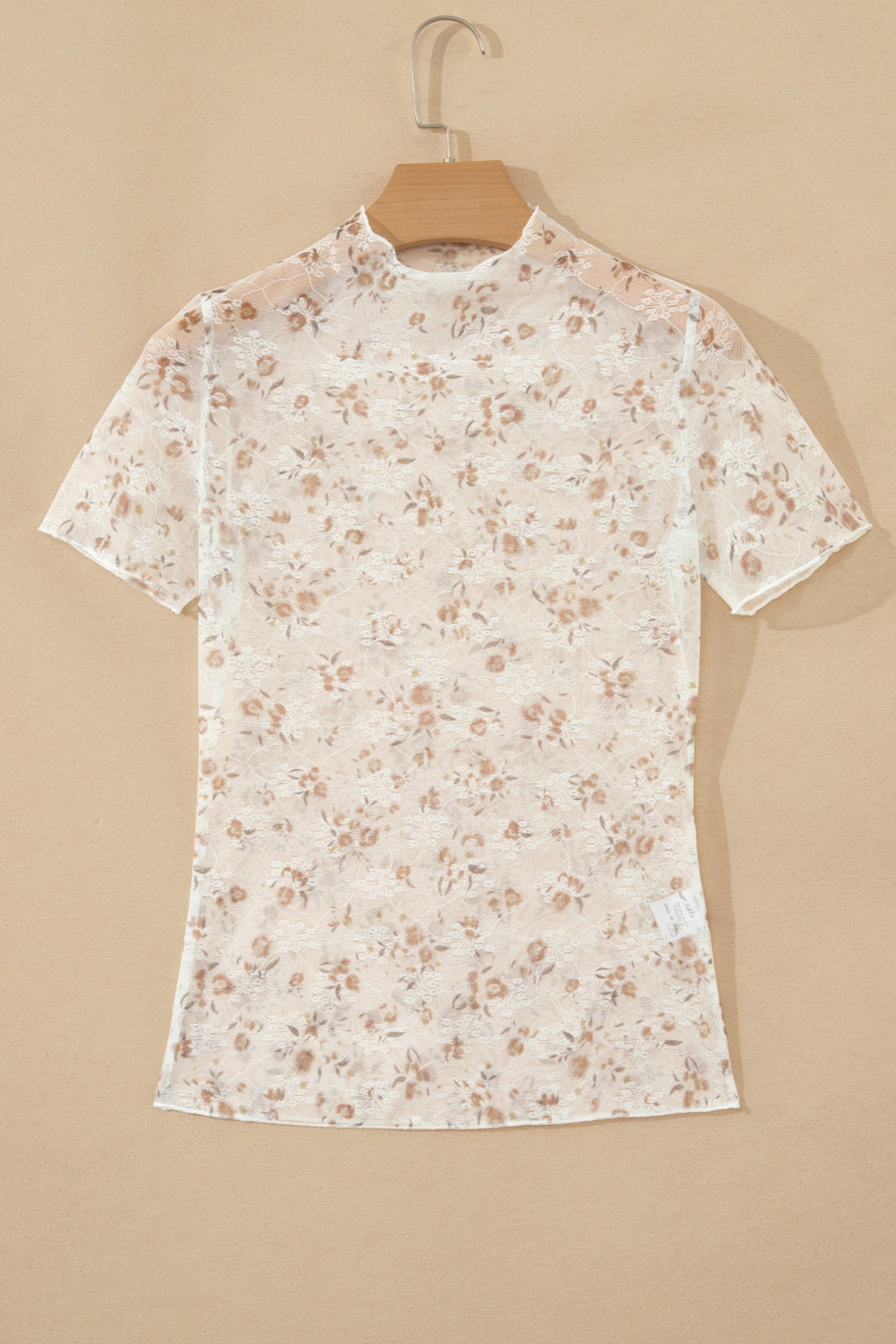 White Mock Neck Short Sleeve Floral Mesh Top