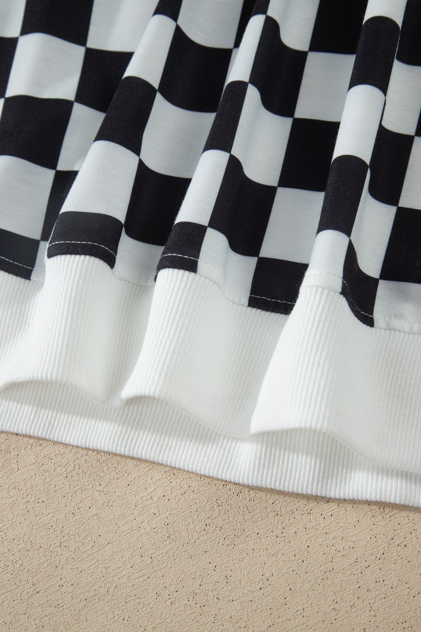 Black Checkered Print Color Block Trim Mock Neck Short Set