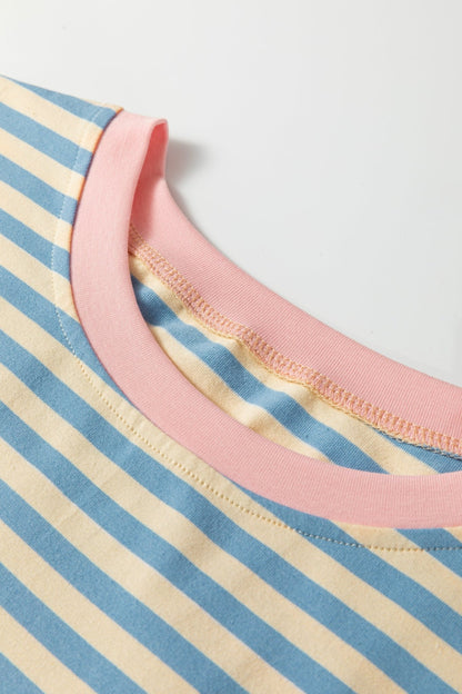 Sky Blue Stripe Contrast Crew Neck Drop Shoulder Loose Tee - Loving It Shop
