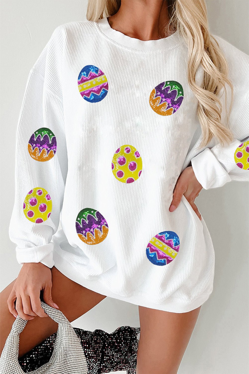 White Easter Egg Corded Oversized Sweatshirt - Loving It Shop