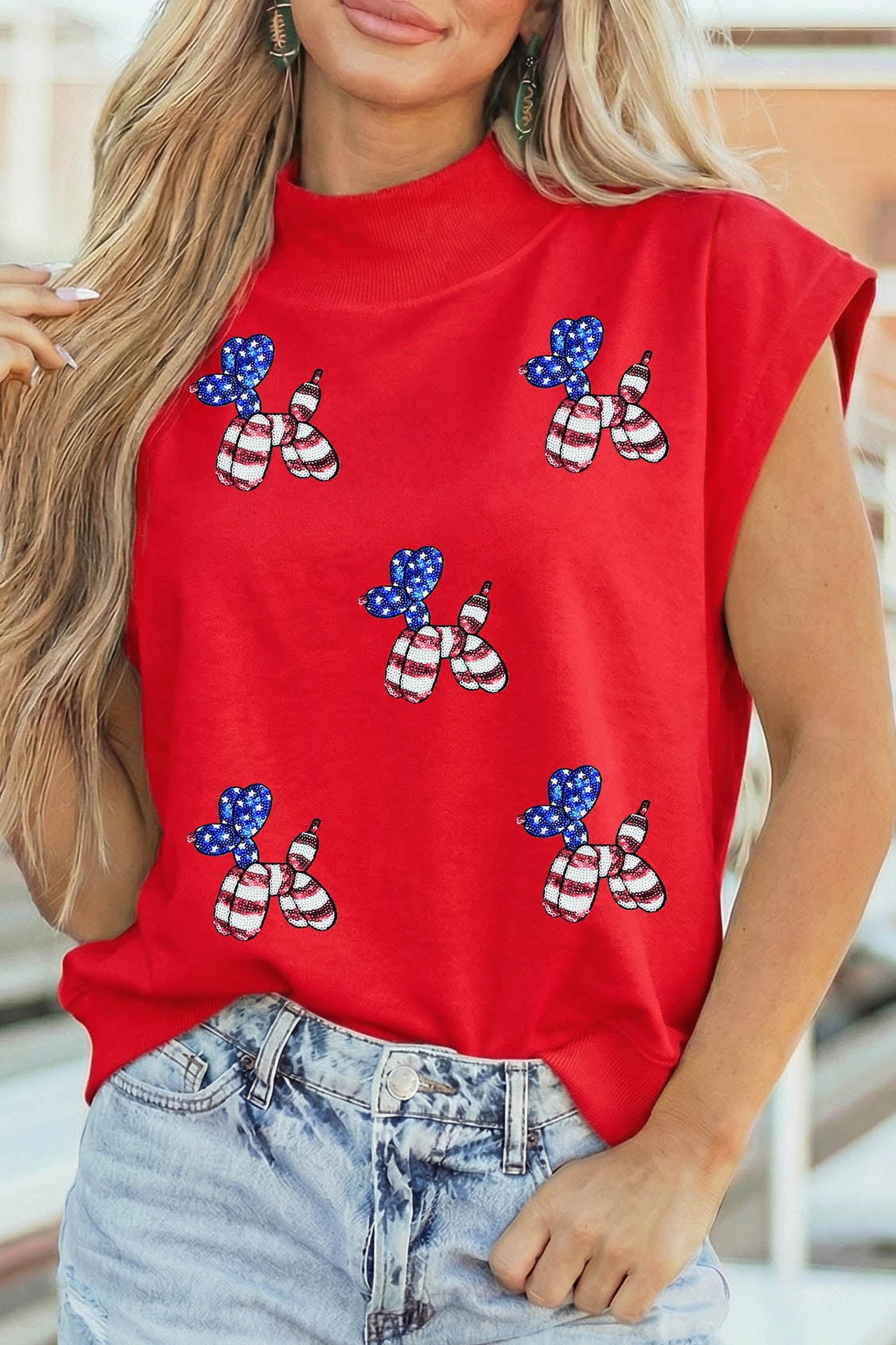 Racing Red Sequin American Flag Balloon Dog High Neck Short Sleeve Top - Loving It Shop