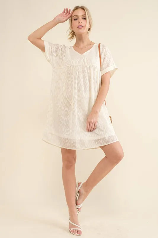 Woven Leopard Baby Doll Roll-Sleeve Casual Dress