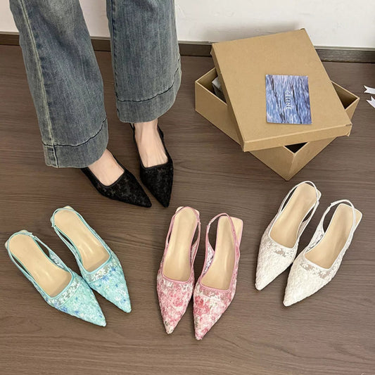 Lace Pointed - Toe Slingback Pumps - Loving It Shop
