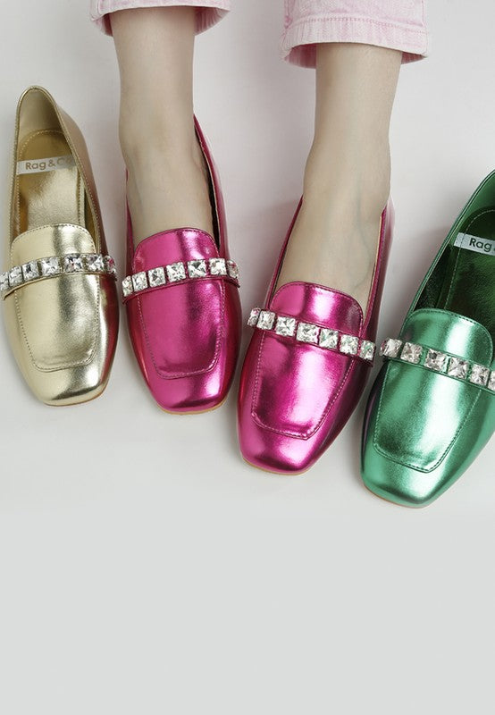 Celosia Metallic Diamante Strap Loafers