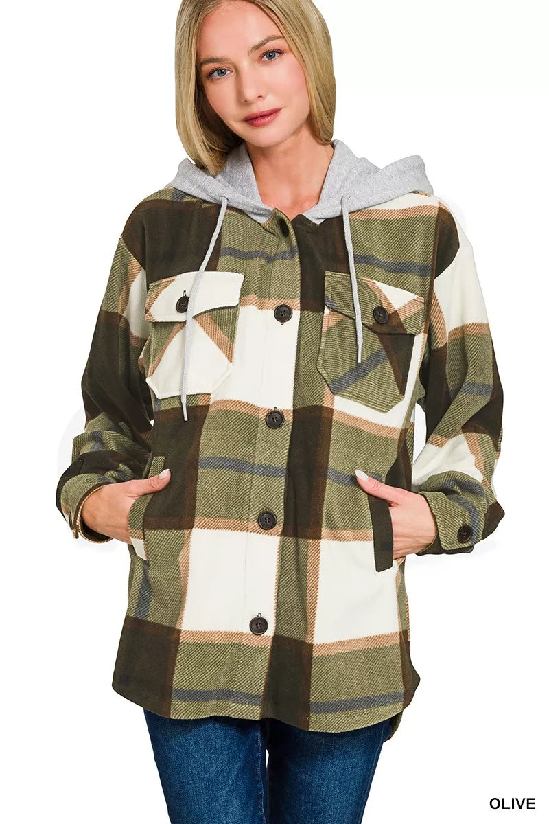 Plaid Drawstring Hooded Fleece Shacket