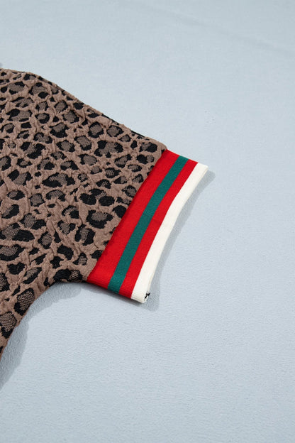 Brown Leopard Jacquard Striped Patchwork Half Zip Short Sleeve Blouse - Loving It Shop