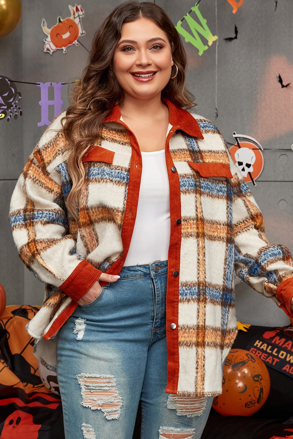 Brown Stripe Plus Size Plaid Print Collared Buttoned Jacket - Loving It Shop