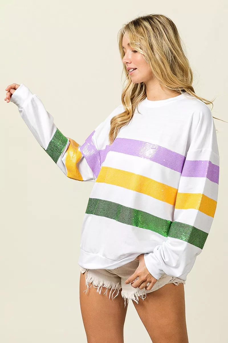 Sequin Mardi Gras Striped Round Neck Sweatshirt
