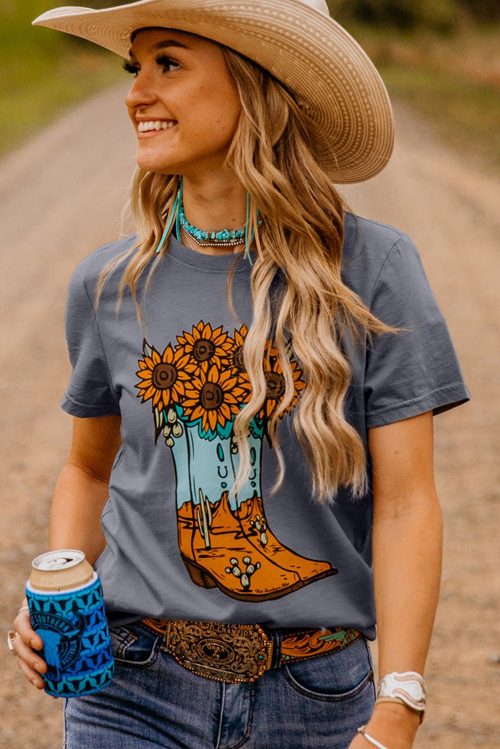 Gray Sunflower Cowgirl Boots Print Western Fashion T Shirt - Loving It Shop