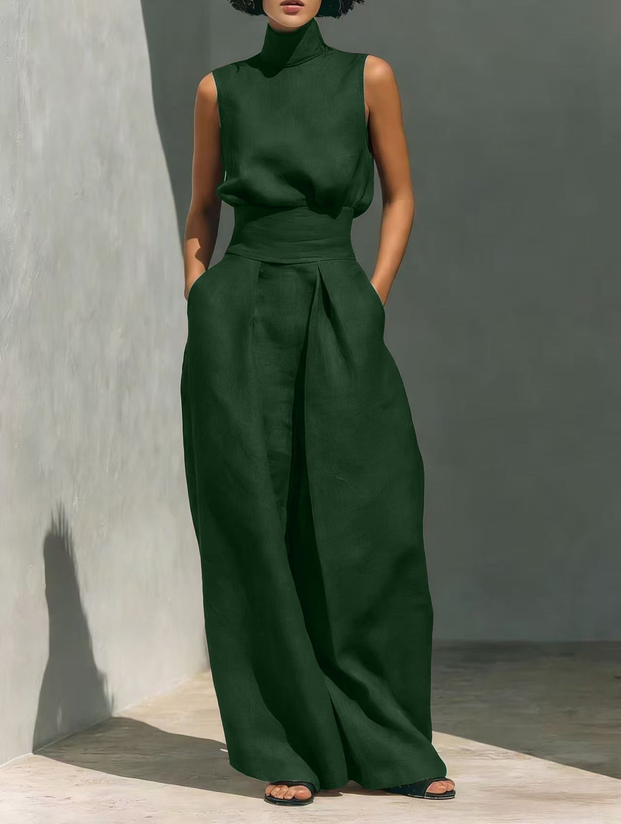 Casual Sleeveless Suit Summer Stand-up Collar Pullover Top And Loose Straight-leg Trousers Women&