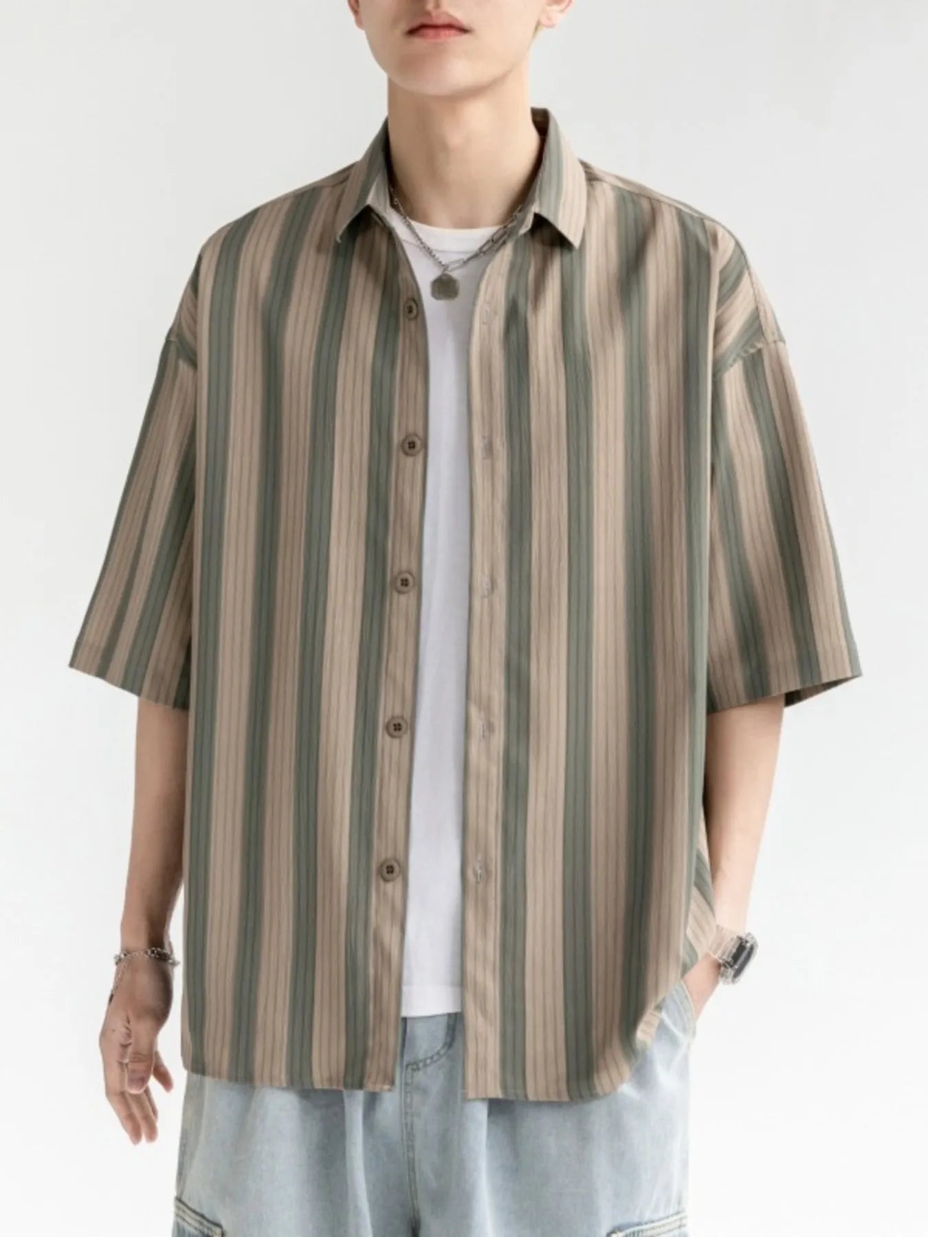 Men's Plus Size Striped Loose Fit Short Sleeve Shirt