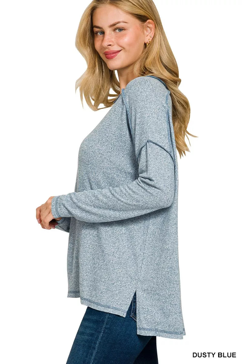 Full Size Melange Hacci Exposed Seam Hi-low Tee Plus Size