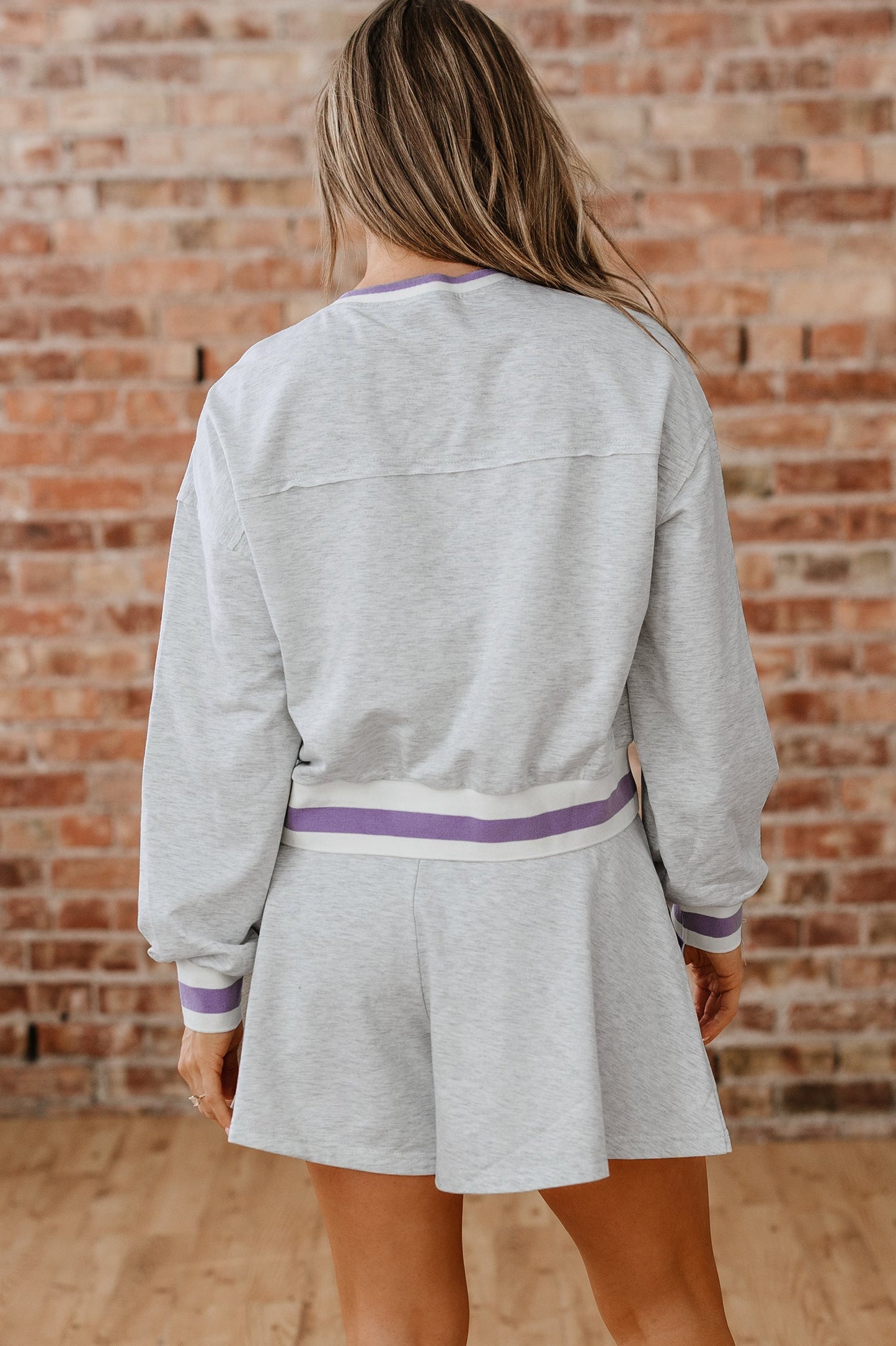 Light Grey Contrast Striped Bands Cropped Pullover and Athletic Short Set