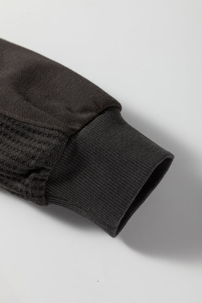 Carbon Grey Waffle Knit Patchwork Half Zipped Casual Sweatshirt