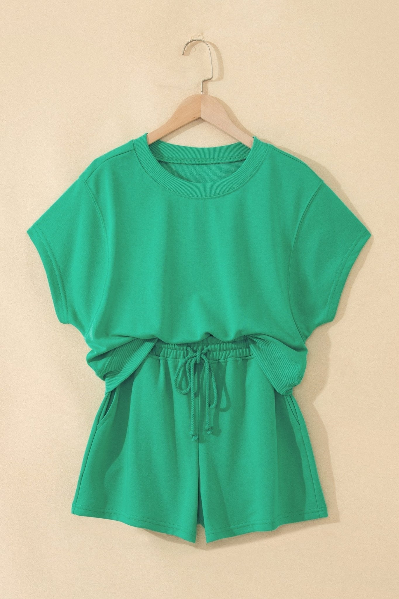 Sea Green Solid Color Loose Tee Drawstring Shorts 2pcs Outfit - Loving It Shop