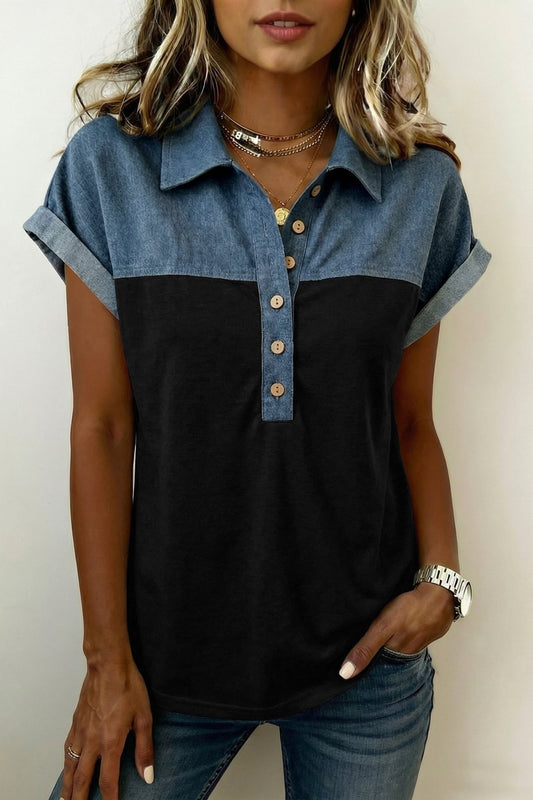 Black Color Block Denim Patchwork Button Polo Collar Short Sleeve Top - Loving It Shop