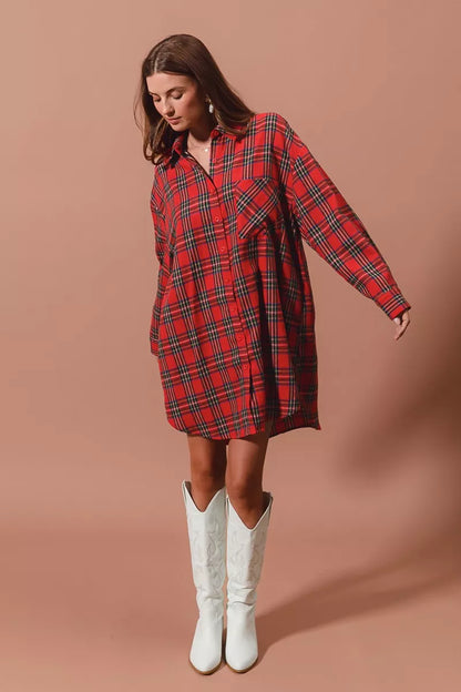 Christmas Checker Plaid Button Up Shirt Dress