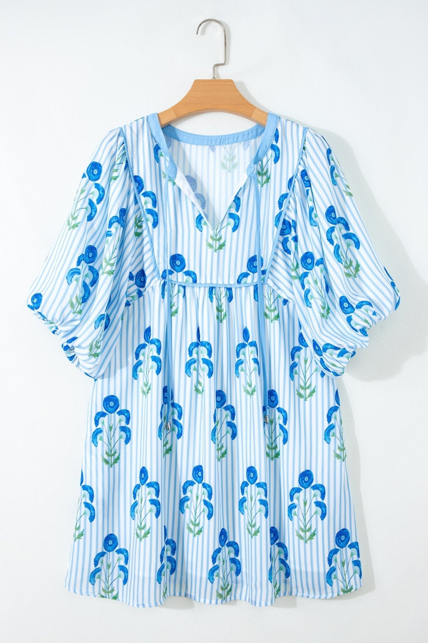 Sky Blue Floral Striped Print Tie Notched Neck Puff Sleeve Flared Mini Dress - Loving It Shop