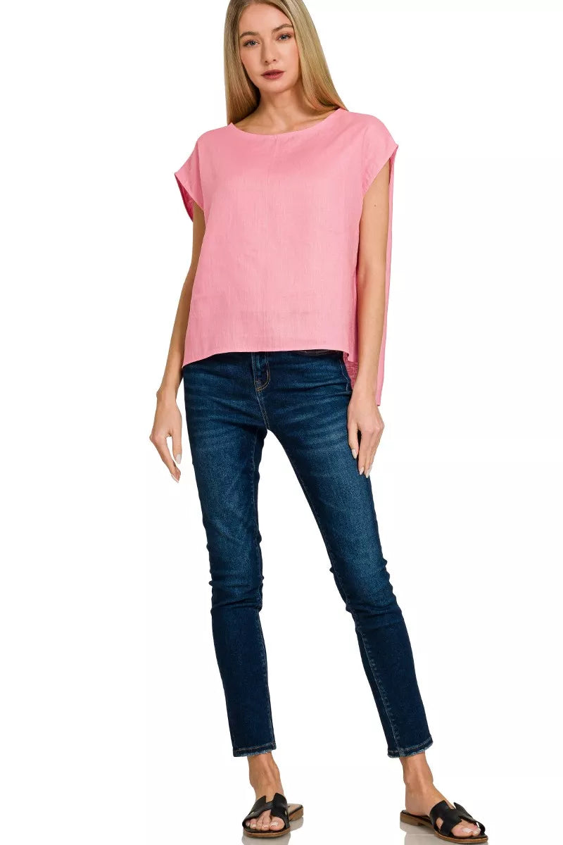 Linen Round Neck Cap Sleeve Top