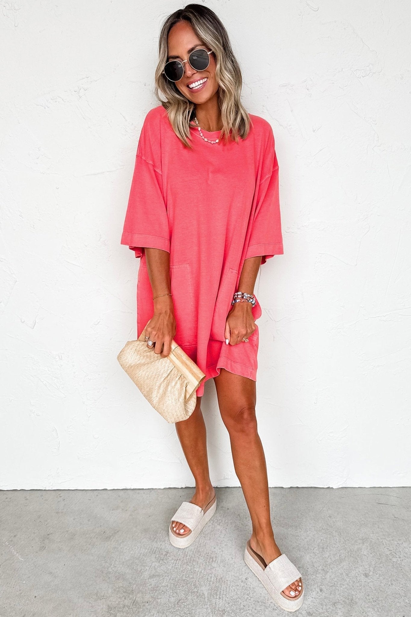 Coral Paradise Drop Shoulder Loose Casual T Shirt Mini Dress - Loving It Shop