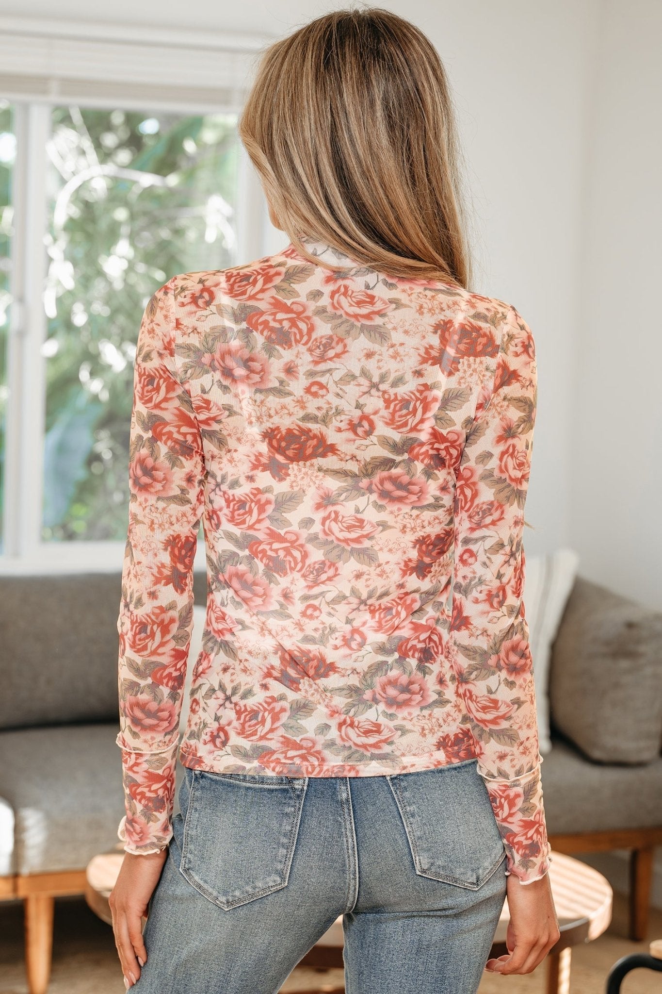 White Retro Floral Print Mock Neck Mesh Long Sleeve Top - Loving It Shop
