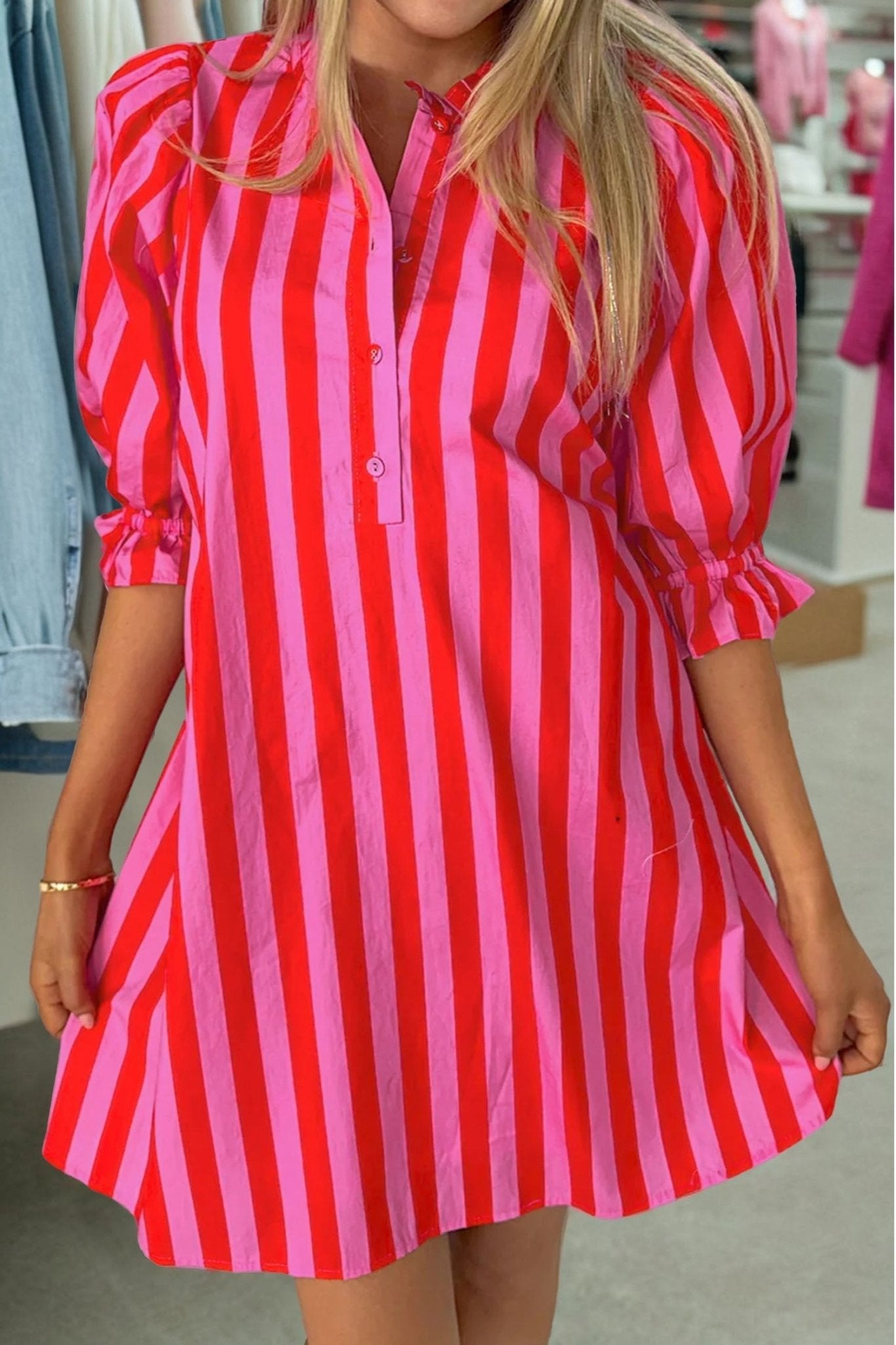 Red Stripe Half Button Puff Sleeve Loose Mini Dress - Loving It Shop
