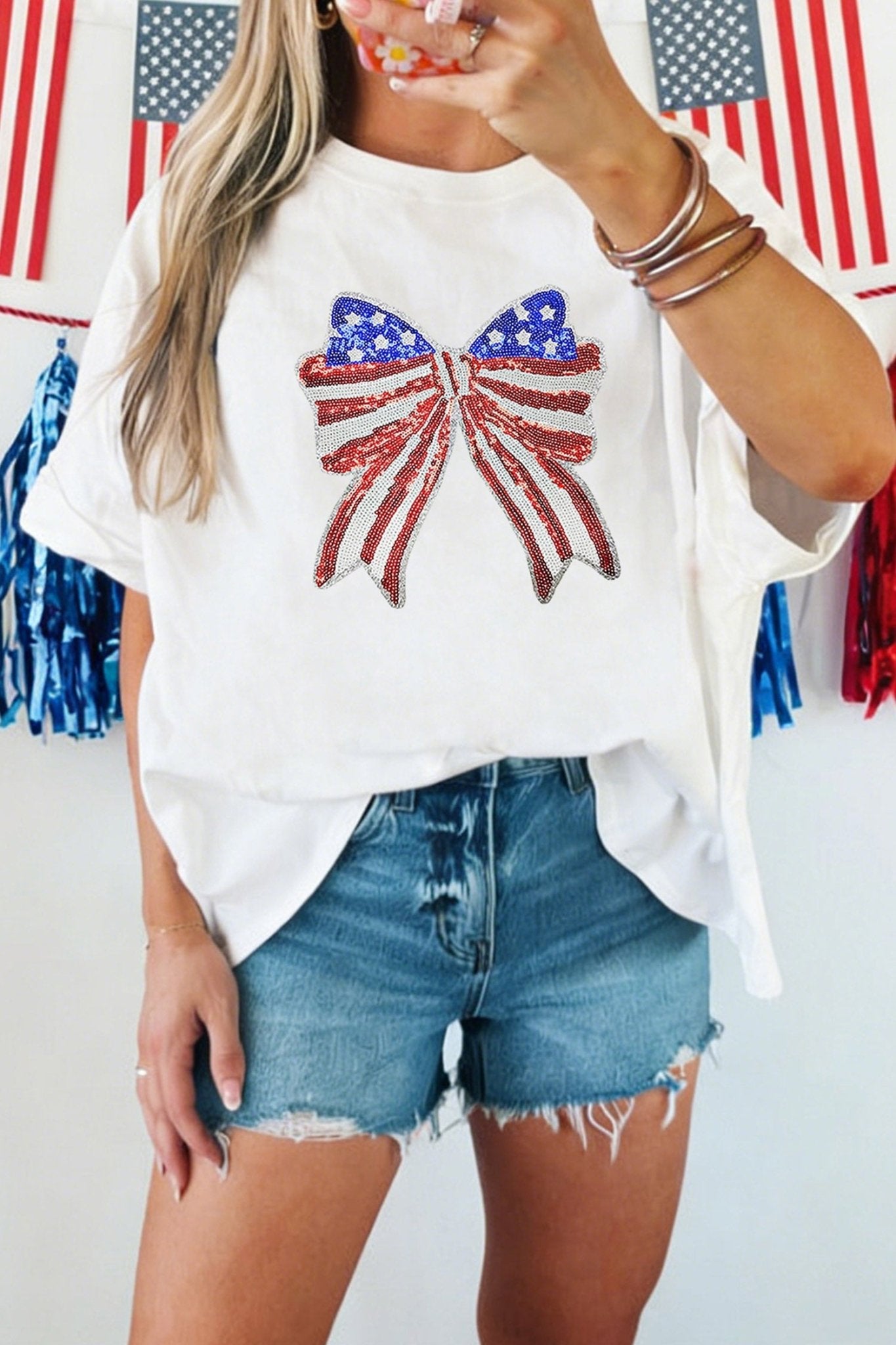 White Patriotic Sequin Bow Graphic Oversized Tee - Loving It Shop