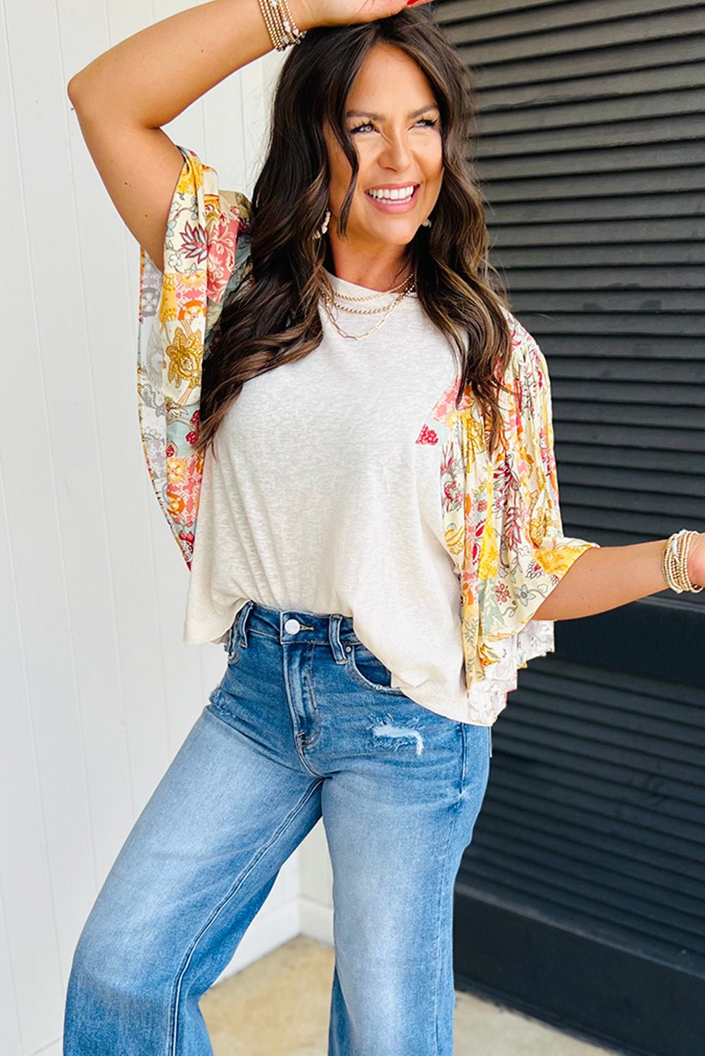 Beige Floral Patchwork Half Batwing Sleeve Blouse - Loving It Shop