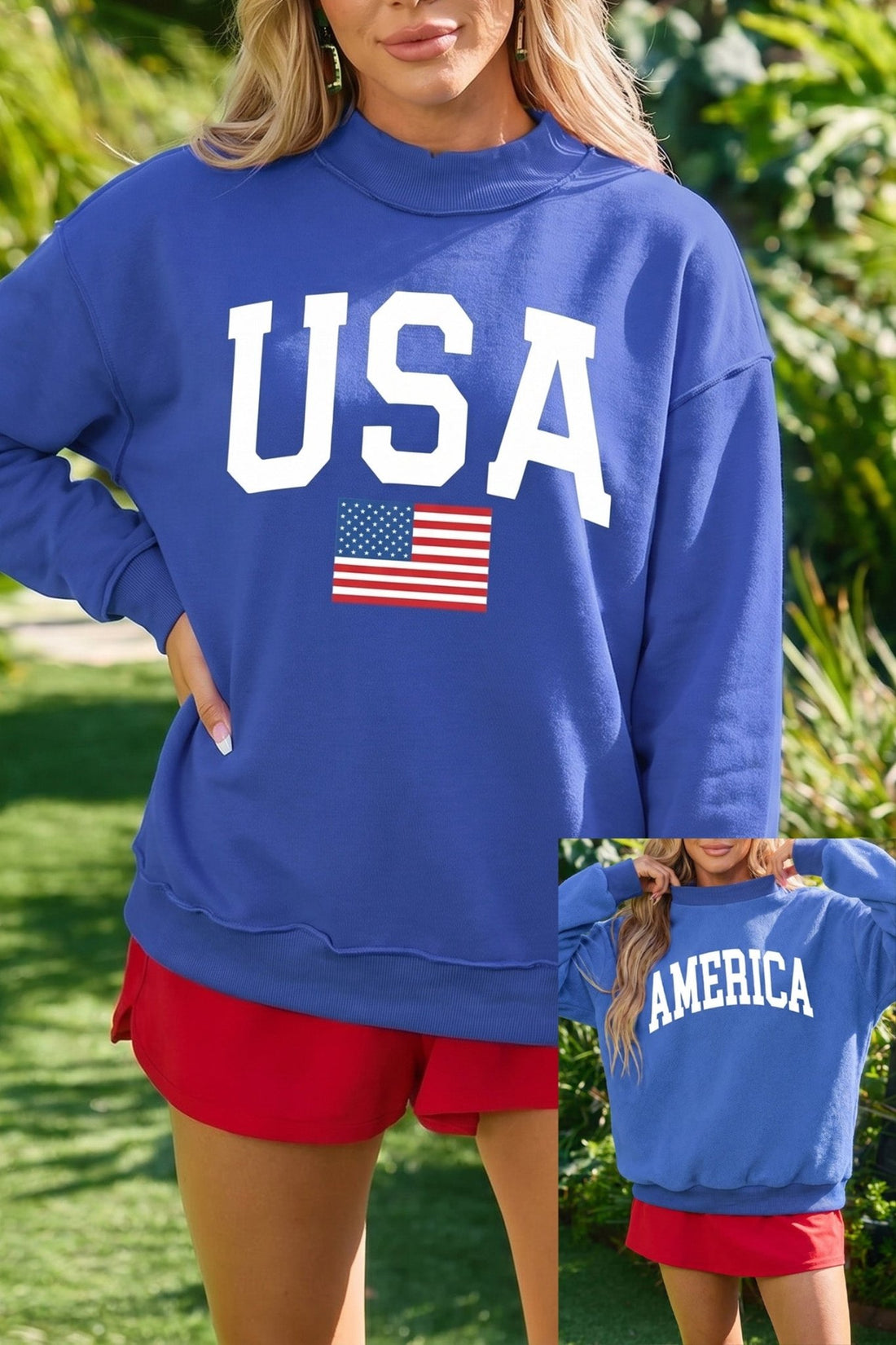 Dark Blue Mock Neck Reversible USA/America Graphic Sweatshirt - Loving It Shop