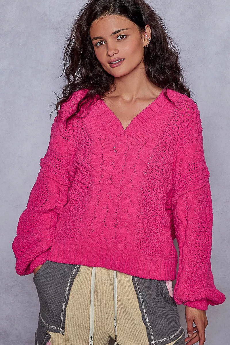 Cable-Knit Solid V-Neck Cropped Sweater