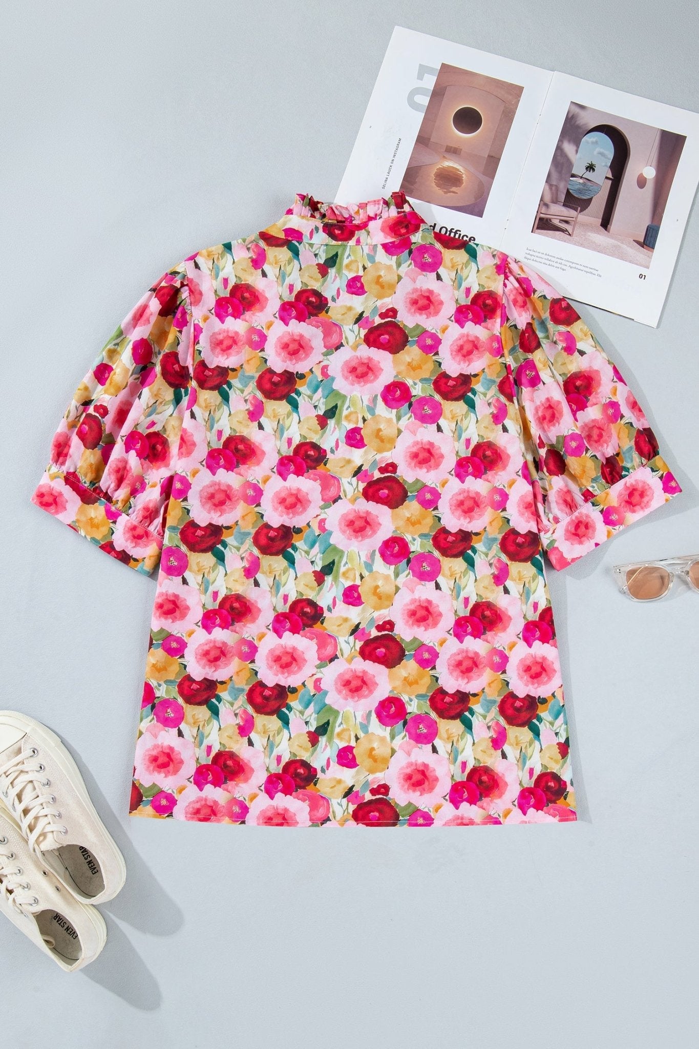 Pink Plus Size Flower Print Split V Neck Puff Short Sleeve Top - Loving It Shop
