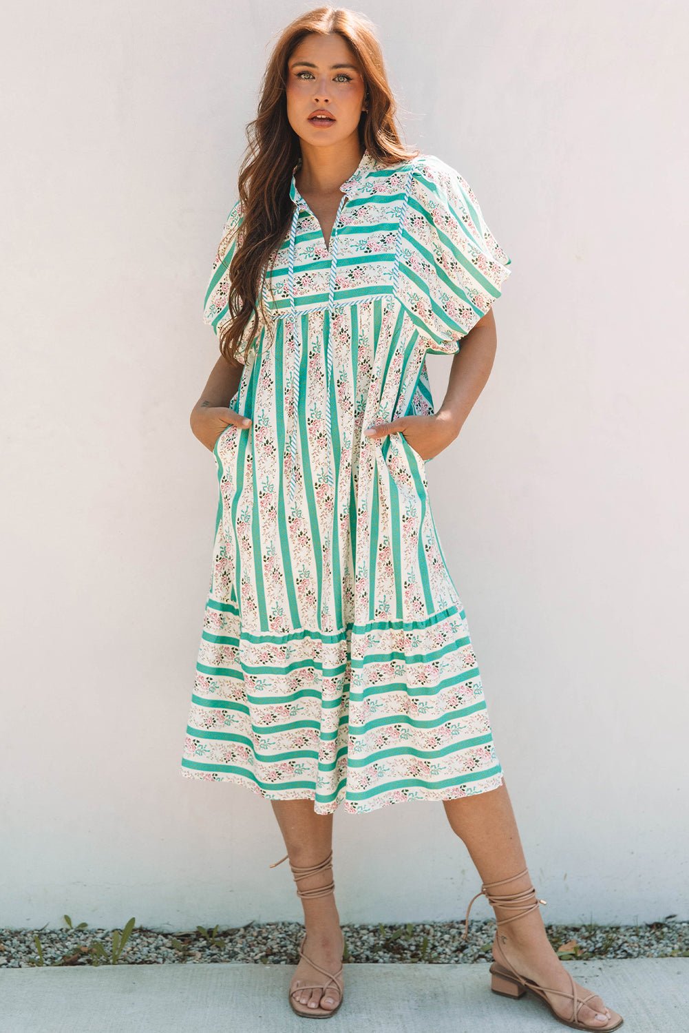 Multicolour Striped Floral Print Tie Split Neck Puff Sleeve Midi Dress - Loving It Shop