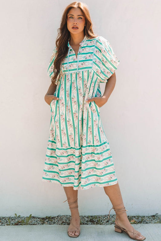 Multicolour Striped Floral Print Tie Split Neck Puff Sleeve Midi Dress - Loving It Shop
