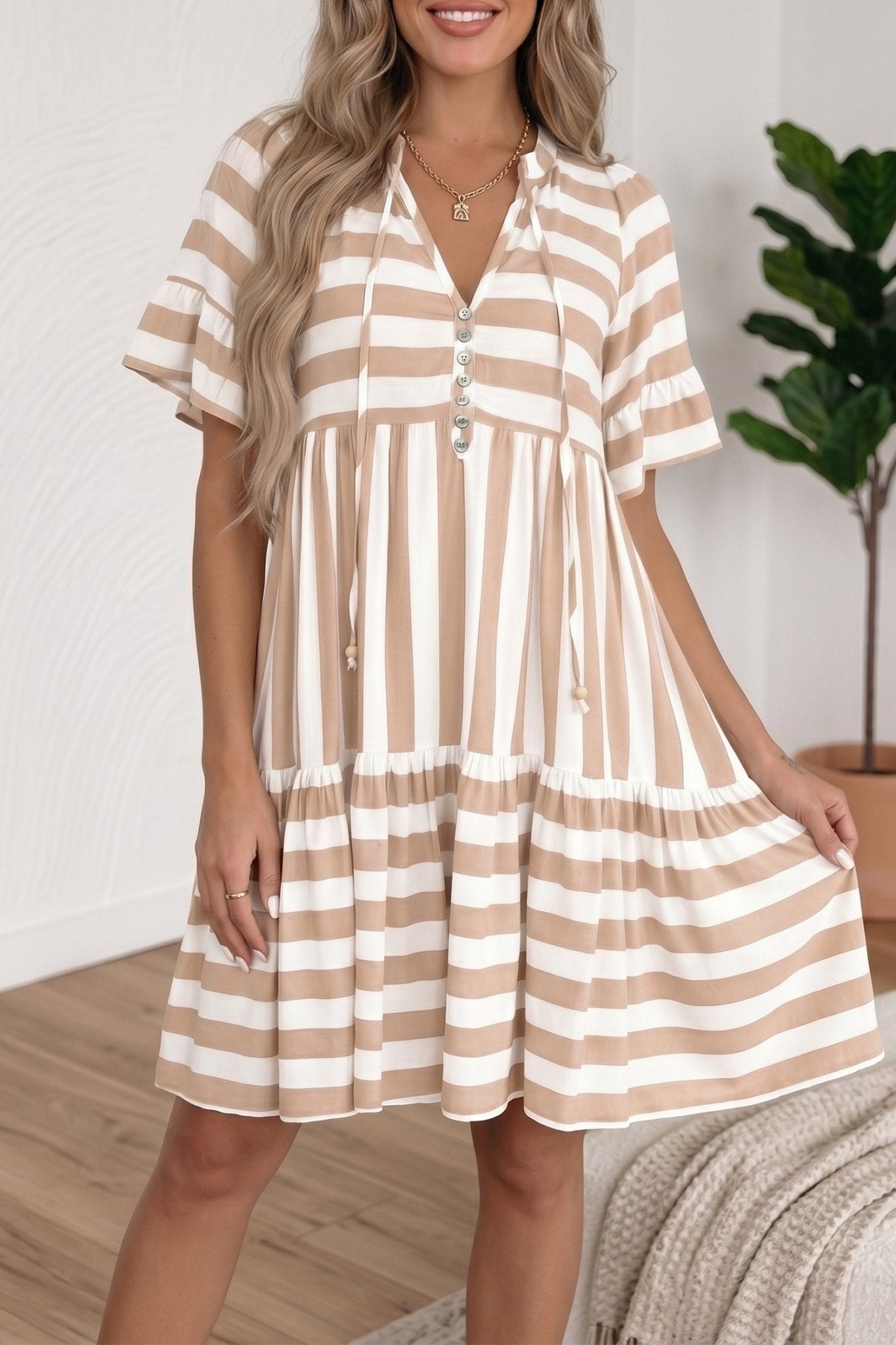 Khaki Stripe Tie V Neck Ruffle Trim Short Sleeve Flared Summer Dress - Loving It Shop
