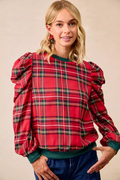Christmas Plaid Exaggerated Shoulder Sleeves Top