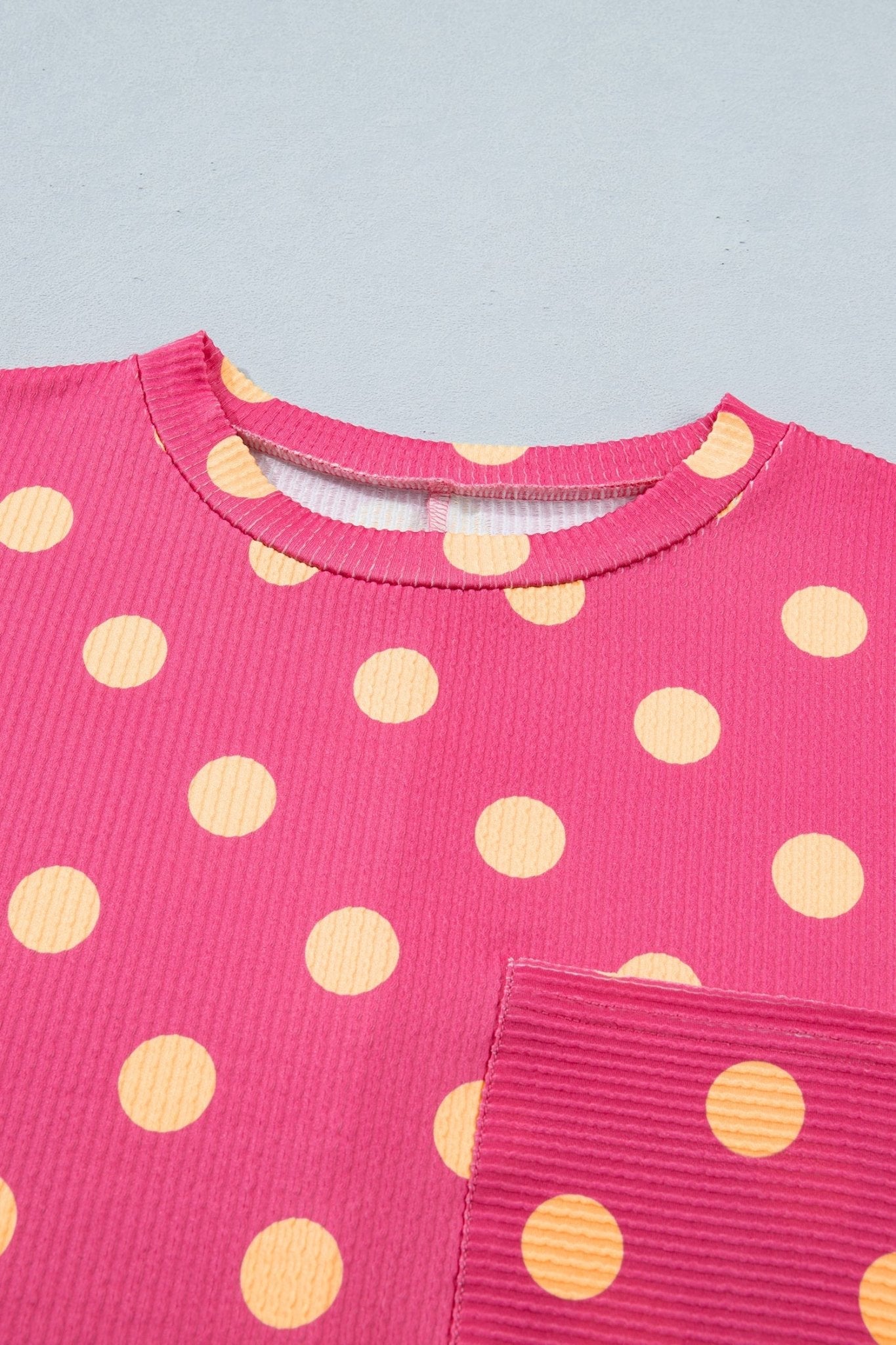 Pink Polka Dot Round Neck Drop Shoulder Patch Pocket Jacquard Texture Top - Loving It Shop