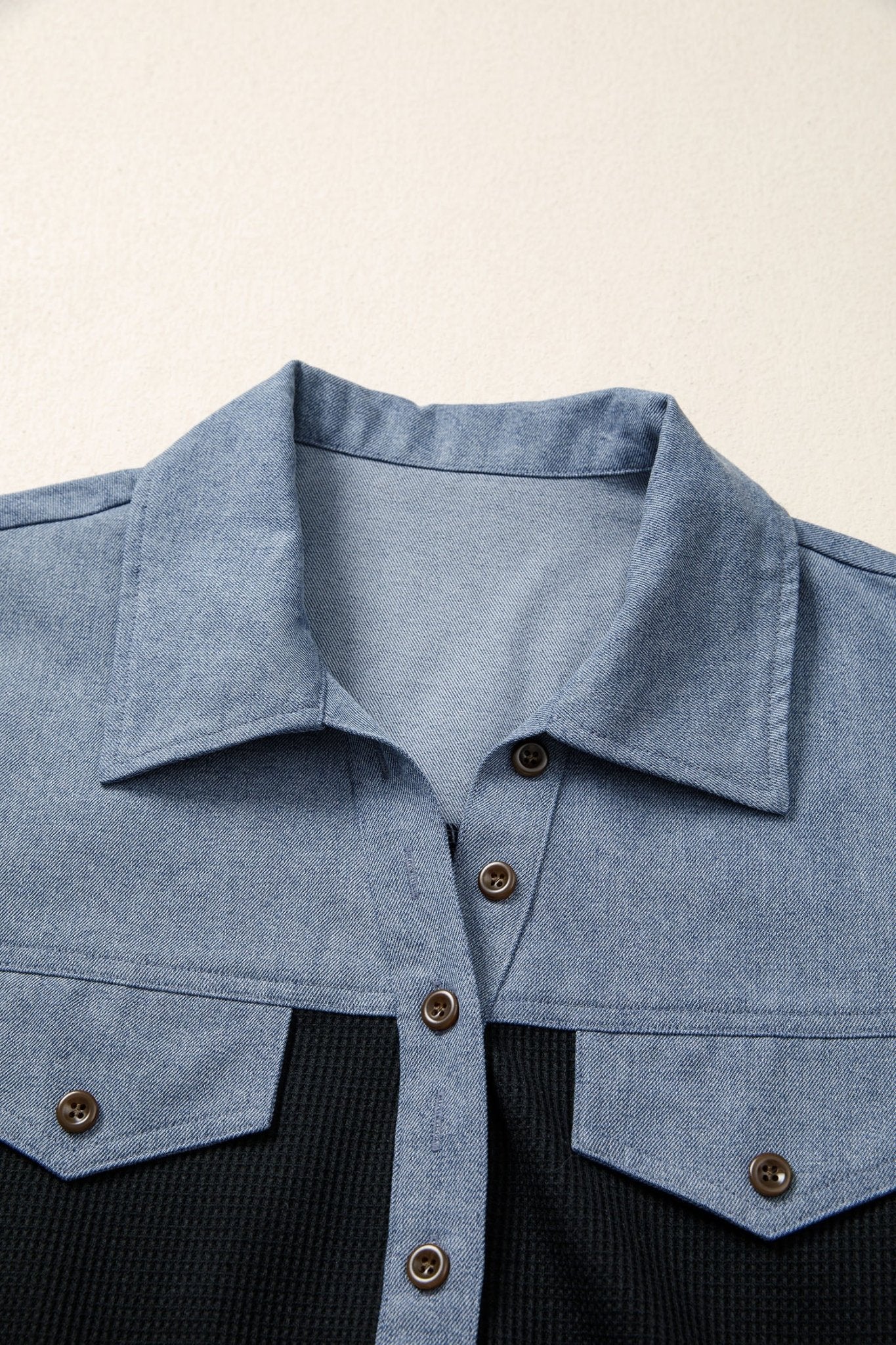 Black Waffle Knit Denim Color Block Patchwork Button Flap Polo Top - Loving It Shop