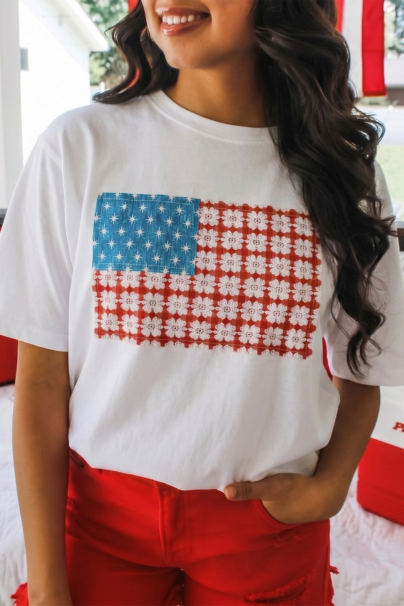 White Fancy Embroidered Patch Flag Casual T Shirt - Loving It Shop