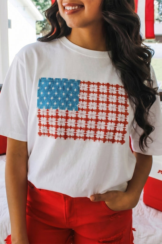 White Fancy Embroidered Patch Flag Casual T Shirt - Loving It Shop