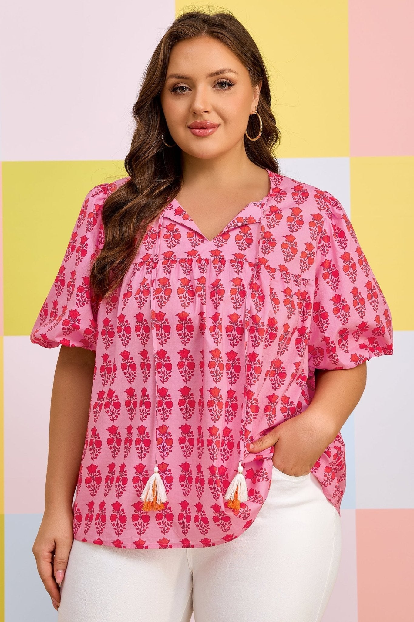 Pink Plus Size Floral Print Tassel Tie Puff Sleeve Cotton Blouse - Loving It Shop