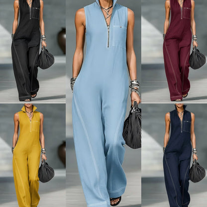 Stand-up Collar Jumpsuit With Pockets Summer Fashion Casual Sleeveless Jumpsuit Trousers Women&