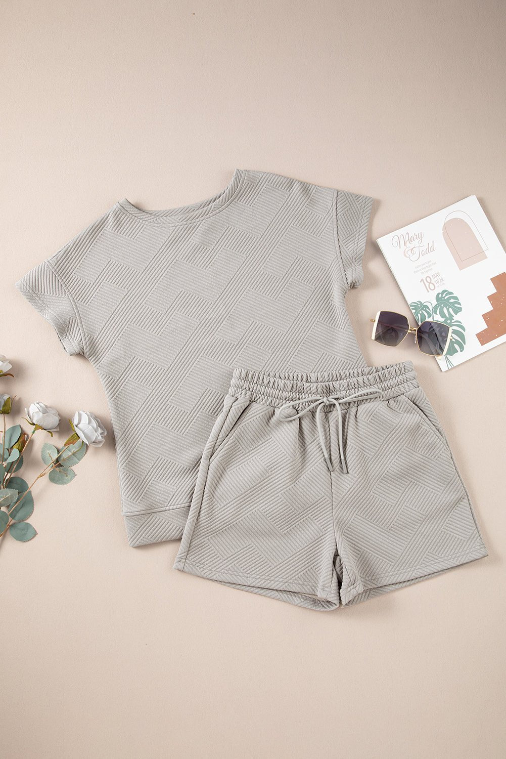 Gray Solid Color Textured Loose Top Casual Two Piece Short Set - Loving It Shop