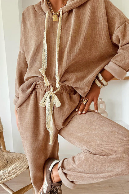 Casual Lace Drawstring Pullover Hoodie and High Waist Pants Corduroy Suit