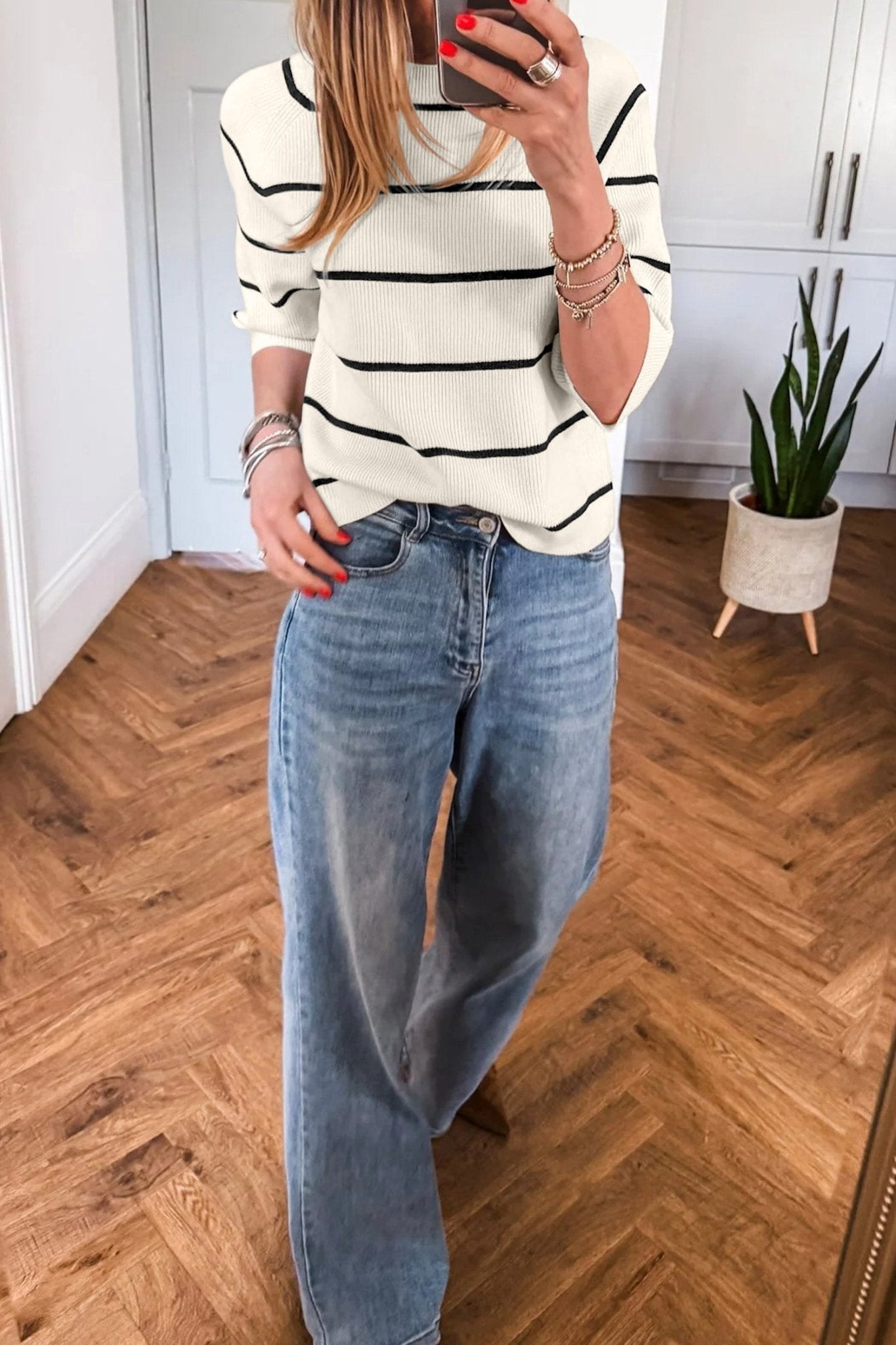 White Stripe Ribbed Knit Half Sleeve Loose Sweater Tee - Loving It Shop