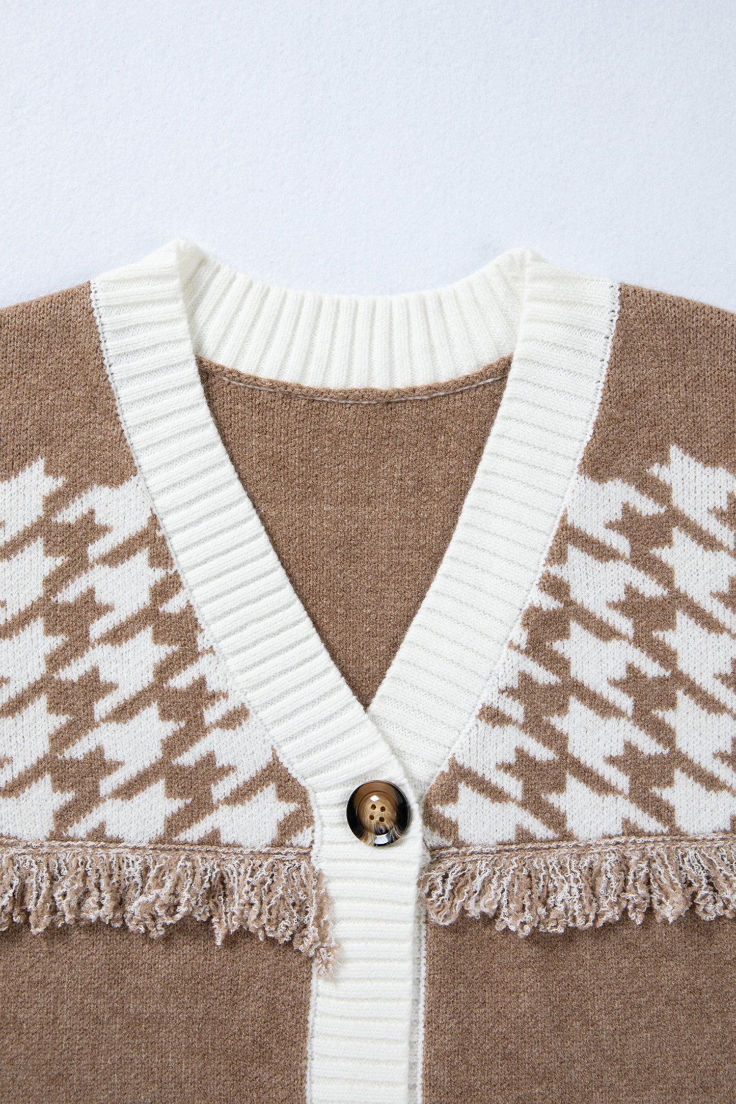 Khaki Houndstooth Color Block V Neck Raw Edge Button Front Cardigan