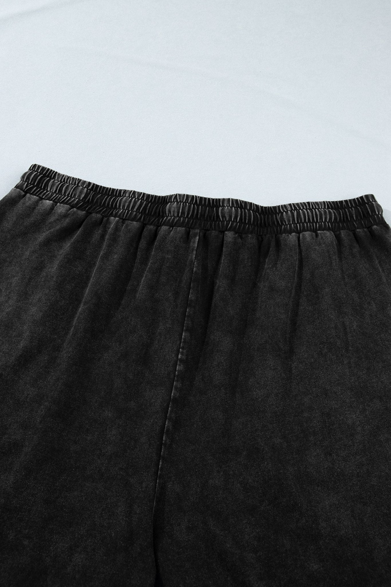 Black Mineral Wash Elastic Waist Drawstring Ruffle Hem Plus Shorts - Loving It Shop
