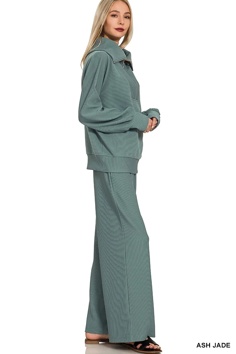 Ribbed High Neck Half Zip Pullover & Pants Set
