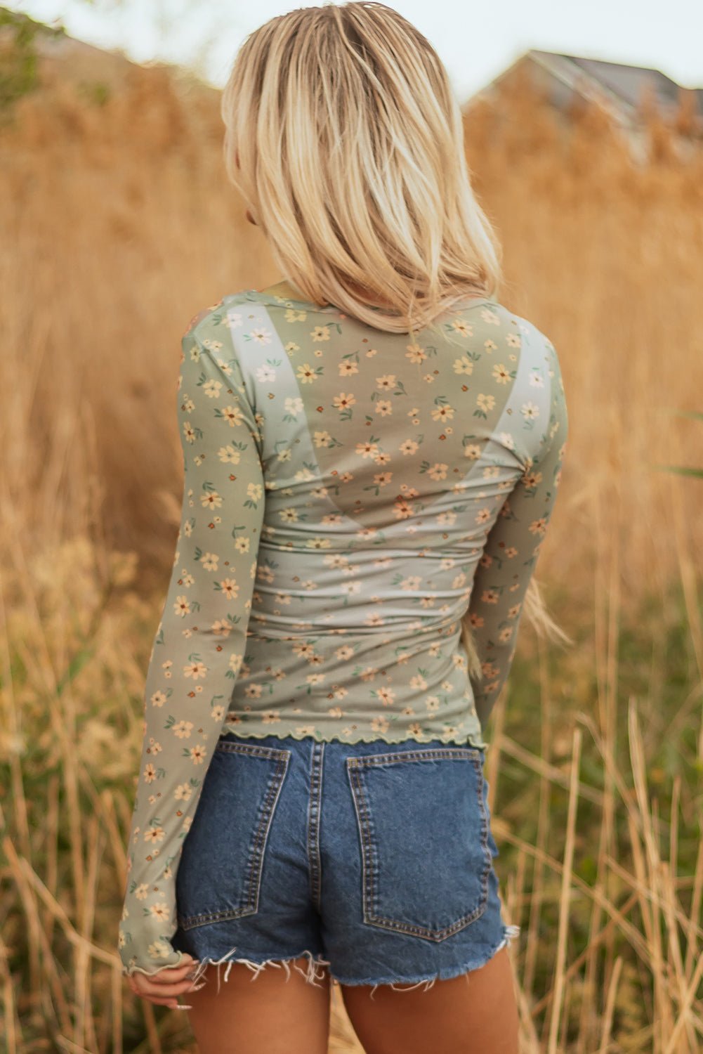 Laurel Green Vintage Floral Print Southern Style Mesh Long Sleeve Top - Loving It Shop