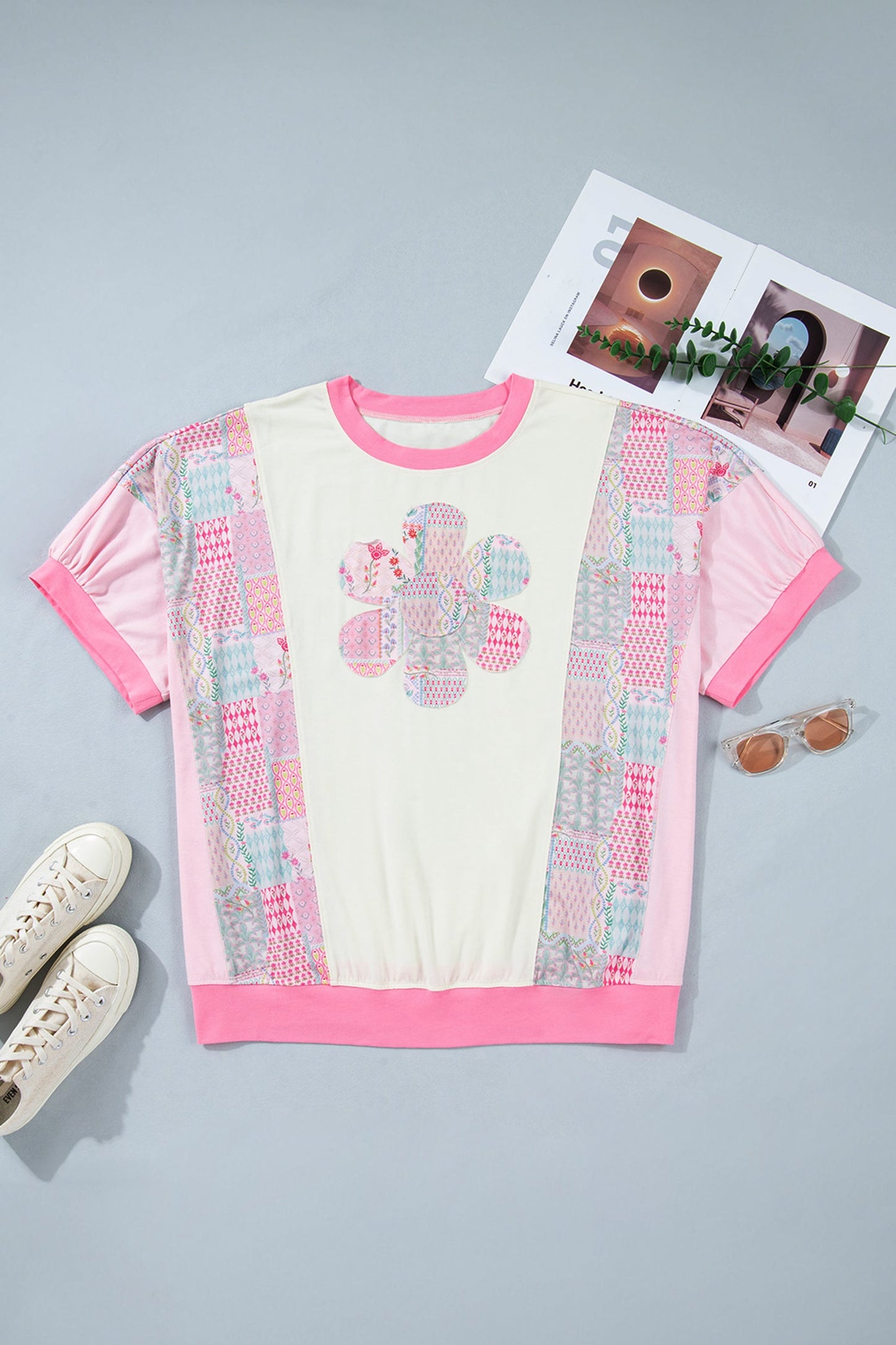 Beige Plus Size Floral Patchwork Short Sleeve Patch Embroidery Cotton T Shirt